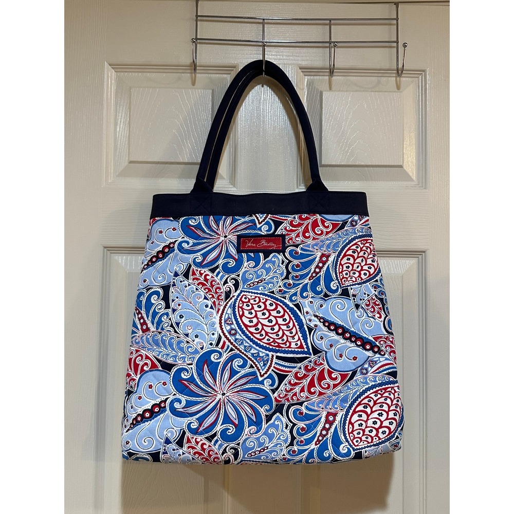 Vera Bradley Quilted Cotton Tote Bag Red White Blue Paisley Floral Shoulder Bag